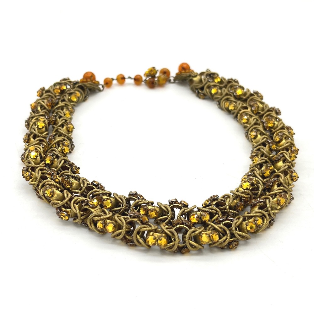 Rare Miriam Haskell Vintage Russian Gold Amber Rhinestone Double Strand Necklace